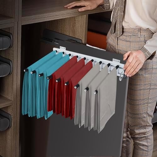 9 Arms Steel Slide Out Pants Rack Closet Pants Hanger Bar Pull Out Trousers Rack Tie Belts Scarf Racks, Wardrobe Clothes Organizers Rail Pull Out Closet Storage Rod-(Right Side Mounts) by kunghei