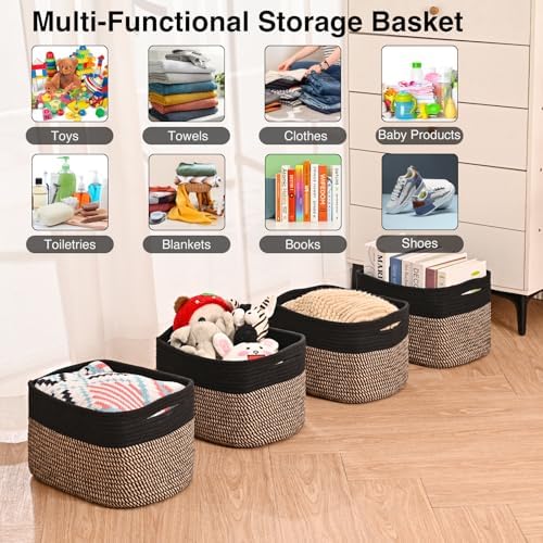 ICERZCZ Storage Baskets for Shelves Organizing, Woven Cotton Rope Baskets for Storage, Book Basket, Decorative Shelf Basket, 12.5"Lx9.1''Wx7.9''H (4 Packs) Black & Jute - Image 4