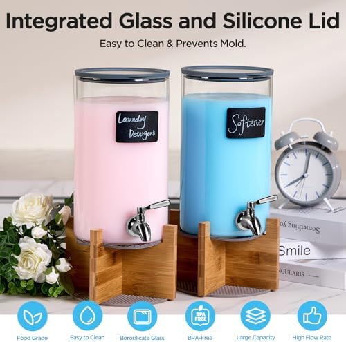 Glass Laundry Detergent Dispenser with Holder,1.1 Gallon Laundry Liquid Dispensers with Stainless-Steel Tap,Large Glass Fabric Softener Containers with Stand for Laundry Room Organization - Image 3