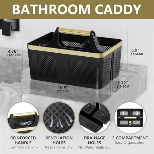 BYUNER Shower Caddy Dorm Men: Plastic Bathroom Caddy Organizer with Handle and Holes, Bath Caddy for College Dorm, Portable Shower Basket Tote for Toiletry, Travel, GYM, Camp Essentials Black/Gold - Image 2