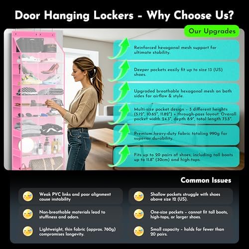 PAULONE Over the Door Organizer Heavy Duty – 96 Lbs Capacity 20 Pair Shoe Rack with Multi-Size Pockets Fits Tall Boots up to 11.8", Breathable Mesh, Metal Hooks – Also for Bags, Toys, Toiletries - Image 3