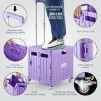 Foldable Utility Cart Folding Portable Rolling Crate Handcart with Durable Heavy Duty Plastic Telescoping Handle Collapsible 4 Rotate Wheels for Travel Shopping Moving Luggage Office Use (Purple) - Image 3