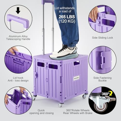 Foldable Utility Cart Folding Portable Rolling Crate Handcart with Durable Heavy Duty Plastic Telescoping Handle Collapsible 4 Rotate Wheels for Travel Shopping Moving Luggage Office Use (Purple) - Image 3