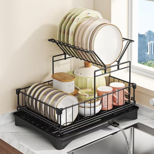 2-Tier Large Dish Drying Rack for Kitchen Counter, Dish Rack Auto Drain by BBXTYLY