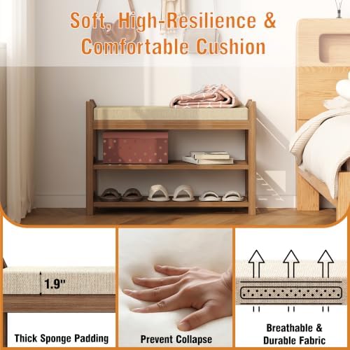 Entryway Shoe Rack Bench with Comfy Cushion, 28" Bamboo Storage Stool, 3-Tier Wooden Shoe Rack for Living Room Bedroom Hallway, Walnut Color - Image 4