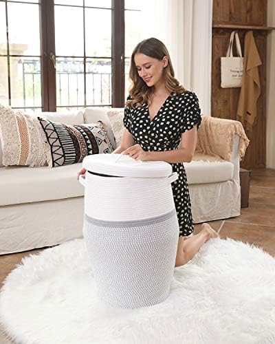 26"x20" Extra Large Tall Woven Laundry Basket with Lid, Cotton Rope Blanket Storage Basket, Freestanding Decorative Bin for Bedroom Living Room, White & Light Grey - Image 5