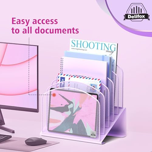 Delifox Inclined Desk File Organizer,Vertical File Folder Holder Stand Metal Rack File Sorter for Office Classroom Desktop Organization (2, Purple, 5) - Image 5