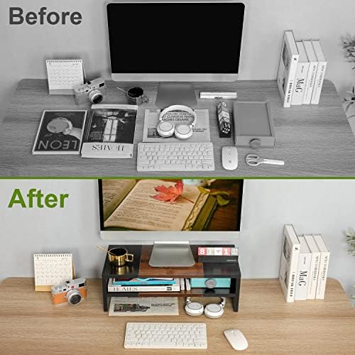 TEAMIX 20 inch Monitor Riser Stand - 2 Tiers, Wood Morden Desktop Bookshelf - Image 6