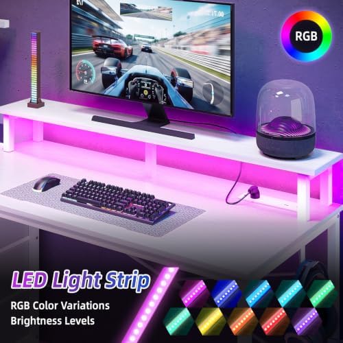 SUPERLELE Gaming Desk with Power Outlet, LED Lights, Storage Shelf & Drawer - Image 4