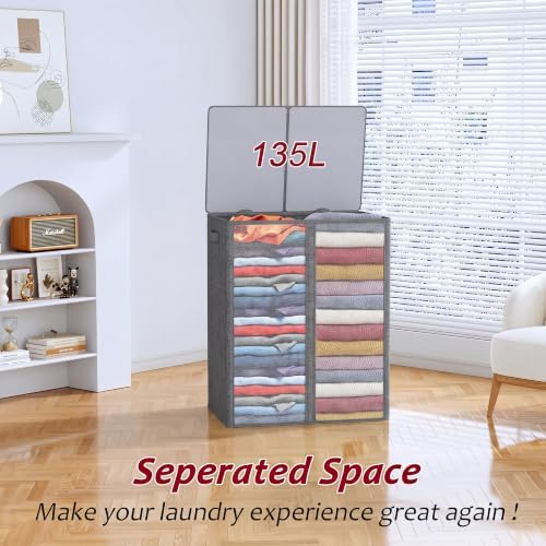 135L Laundry Hamper 2 Section, Large Laundry Hamper with Lid, Dirty Clothes Hamper with 2 Removable Inner Bags, Collapsible Laundry Basket Organizer for for Clothes Toys Towels, Hamper 2 Compartment - Image 4