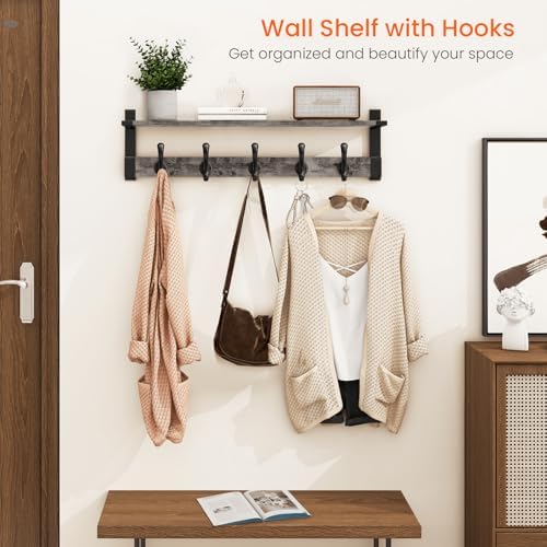 Homode Coat Rack Wall Mount with Shelf, 29 Inch Wall Shelf with Hooks, Grey - Image 2