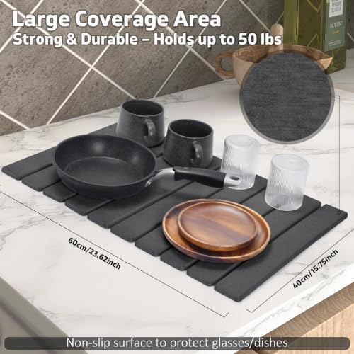 Large Stone Dish Drying Mats for Kitchen Counter, Fast Drying Collapsible Drying Mat, Eco-Friendly Absorbent Diatomaceous Earth Mats for Dishes Cups, Match Any Countertop (Dark Gray 24"×16" & 8"x4") - Image 2