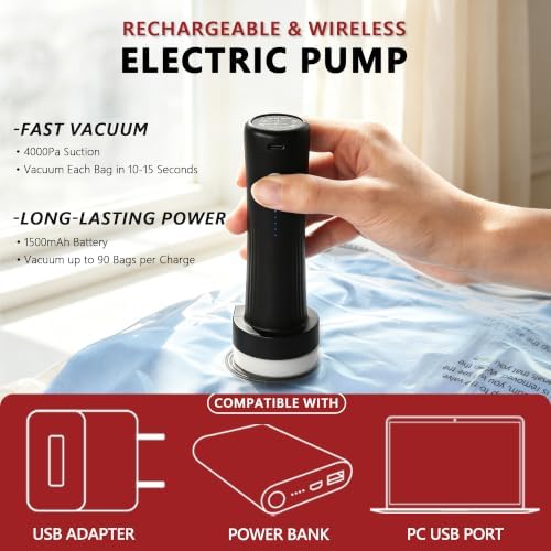 Travel Vacuum Bags for Clothing with Cordless Pump 12 Combo, Clear - Image 5