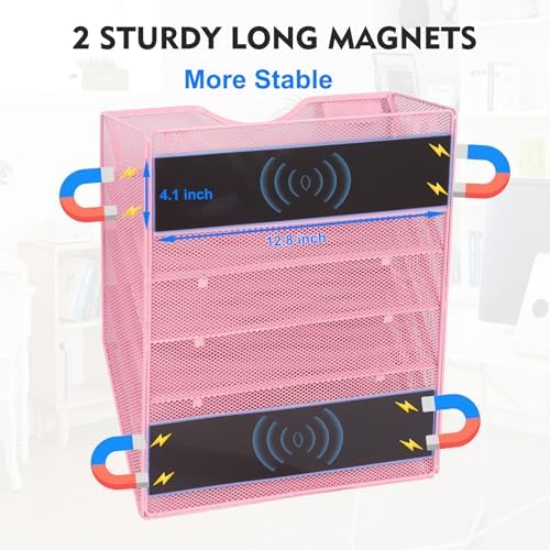EASEPRES Magnetic 5 Pocket Mesh Hanging File Organizer, Wall Mounted Mail Paper Document Folder Holder, Clipboard Storage Organization Magazine Rack with Nametag Label for Office Home School, Pink - Image 2