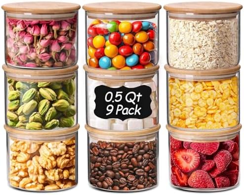 ComSaf Glass Storage Containers with Lids 0.5 Qt, 9 Pack Small Glass Jars by ComSaf