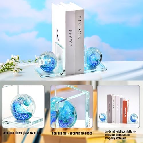 Glass Book Ends with Deep Ocean Blue Crystal Sea Wave Ball, Set of 2 - Image 5