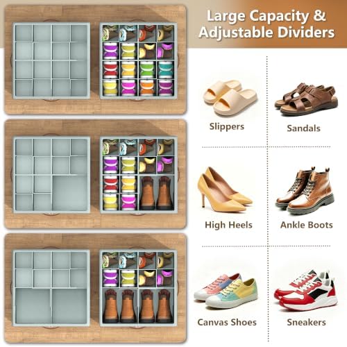 Shoe Organizer for Closet,2 Pack Foldable Shoe Storage Organizer Box Bin with Adjustable Dividers and Clear Cover, Fits up to 16-32 Pairs（Grey） - Image 2