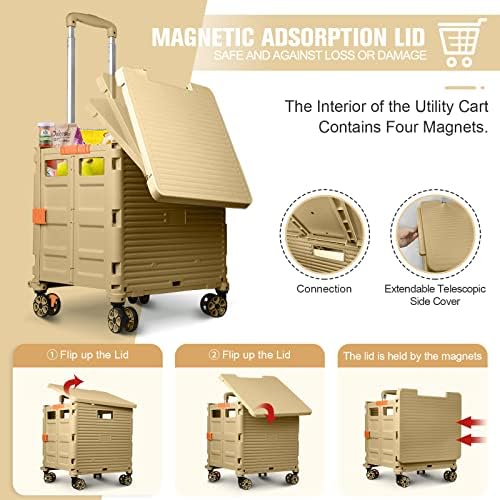 Rolling Shopping Cart with Wheels,Folding Utility Cart for Grocery,Durable Heavy Duty Collapsible Crate Rubber Tool Box with Magnetic Lid/Telescopic Cover for Office/Teachers Tote Basket/Travel - Image 6