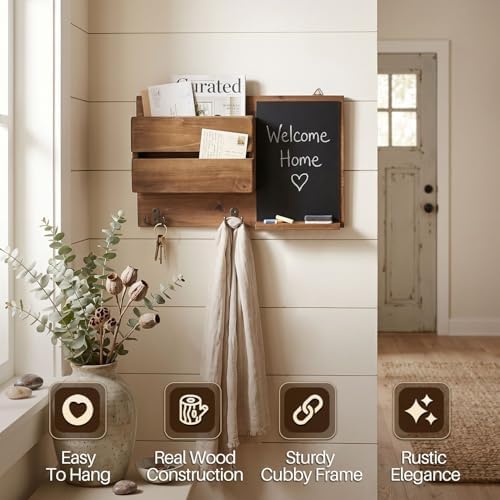 Flexzion Chalkboard Key Holder Wall Mount, Mail Organizer with Wood Shelf - Image 3