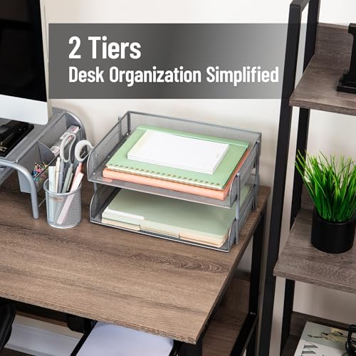 Mind Reader 2-Tier Stackable Paper Tray, Desktop Organizer for Letter-Size Documents, Office File Storage, Metal Mesh, Set of 2, Silver - Image 2