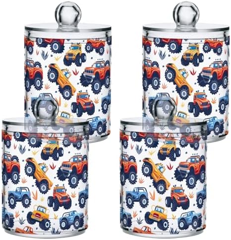 4 Pack Qtip Holder Dispenser with Lids,Cute Monster Trucks Plastic Storage Containers,Bathroom Canisters Organizer for Cotton Ball,Cotton Swab,Cotton Round Pads,Floss 21219995 by Unknown