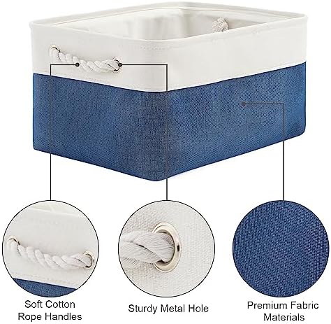 TheWarmHome Storage Basket for Organizing - Medium 3 Pack 14x10x7 inch Fabric Storage Cubes for Shelves with Rope, Collapsible Storage Bin for Organizer Closet Cloth Gift Toy (White & Jean Blue) - Image 6