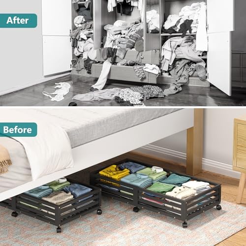 Wisuce Bamboo Under Bed Storage Containers- Underbed Organizer with Wheels with Large Dust Bag,Sturdy Wood Rolling Under the Bed Shoe Storage Organizer Drawer 2 Packs (Black, 2 Pack (30.72"×16.54")) - Image 6