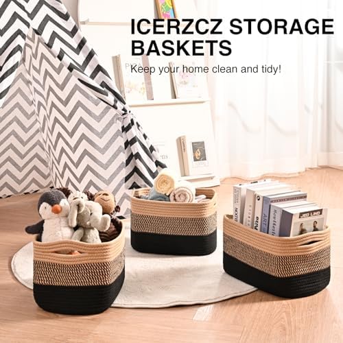 ICERZCZ Storage Baskets for Shelves Organizing, Woven Cotton Rope Baskets for Storage, Book Basket, Towel Basket, 12.5"Lx9.1''Wx7.9''H (4 Packs) Gradient Black & Jute - Image 6