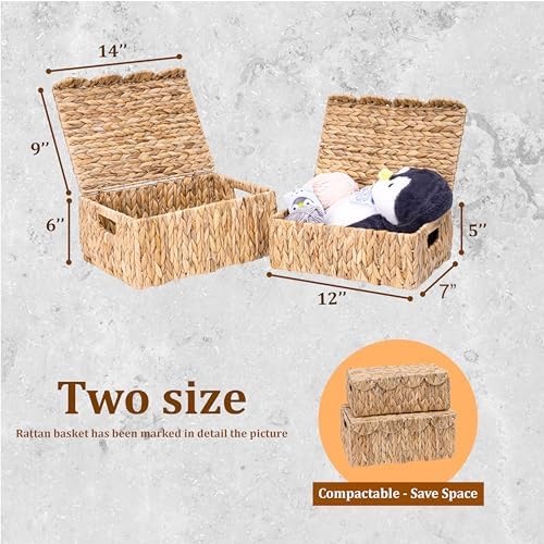 LUSYDECO Set of 2 Scalloped Edge Wicker Basket with Lids, Rectangle Wicker Storage Basket with Built-in Handles, Multipurpose Organizer Rattan Display Boxes for Shelf, Nursery Room - Image 2
