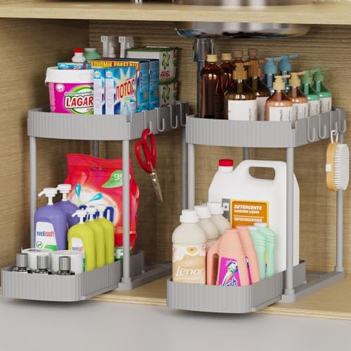 2 Packs Under Sink Pull-Out Storage Organizers, 14.8 Inches, Grey by ukeetap
