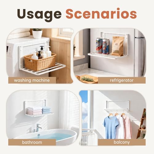 Foldable Wall Mounted Clothes Drying Rack,Space-Saving Laundry Drying Rack, Magnetic & Punch-Free Retractable Hanging Rack with 4 Drying Bars, Heavy-Duty Fold Down (White) - Image 3