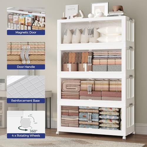 640QT Extra Large Stackable Storage Bins with Lid, 160Gal Plastic Closet Organizers and Storage Drawer, Collapsible Cabinet Box with Wheels Clear Doors for Home Kitchen Office, 4Pack White - Image 6