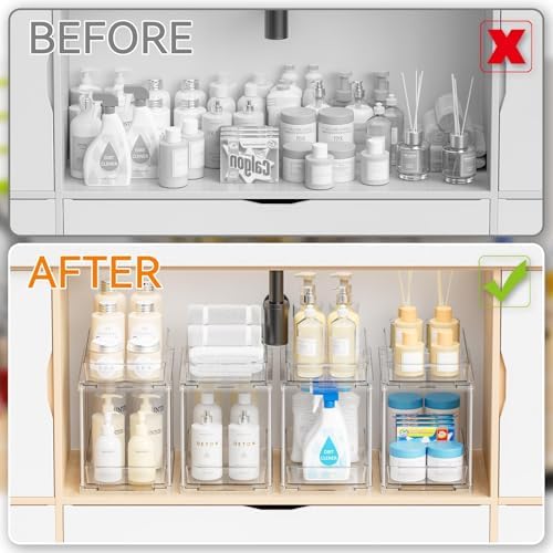 Yieach 4 Pack Under Sink Organizers and Storage,Clear Acrylic Bathroom Organizer and Cabinet Organization for Makeup,Medicine,Two Tier Pull Out Cabinet Organizer Drawers for Pantry,Vanity Storage Bins - Image 4