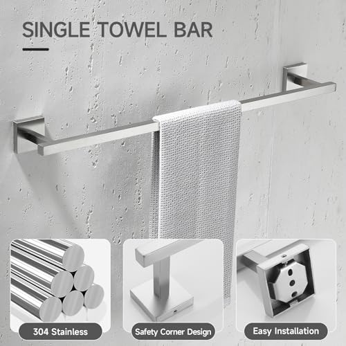 TQKAG Brushed Nickel Bathroom Hardware Accessories Set 10 Pieces, 23.6" SUS304 Stainless Steel Towel Bar Set Wall Mounted Includes Single Towel Bar, Towel Ring, Toilet Paper Holder, Double Towel Hooks - Image 3