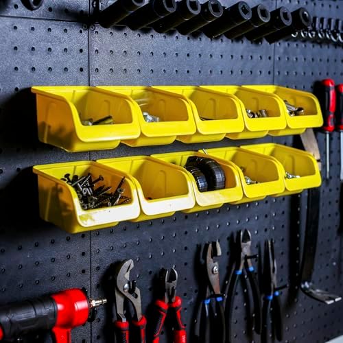 WALLPEG 36 Pack Pegboard Bin Kit – 18 Medium & 18 Large Yellow Peg Board Storage Bins | Parts Organizer for Garage, Workshop, Craft Room, Office & Workbench | Pegboard Accessory Organier | MADE IN USA - Image 4
