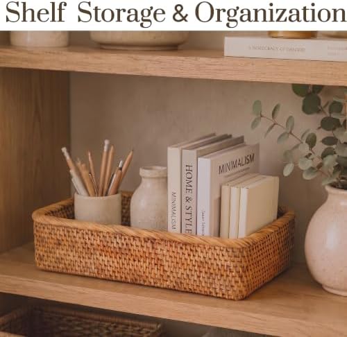 Yangqihome Natural Rattan Storage Baskets, Rectangular Woven Fruit Baskets, Decorative Wicker Basket and Small Baskets for Organizing (Set of 3) - Image 2
