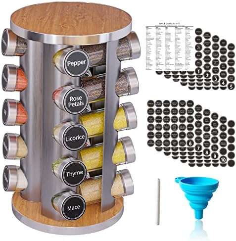 Revolving Spice Rack Set with 20 Spice Jars, Kitchen Spice Tower Organizer for Countertop or Cabinet -- Carousel Storage Includes 386 Spice Labels -- Desktop Rotating Seasoning Organizer by NewEnglandStories