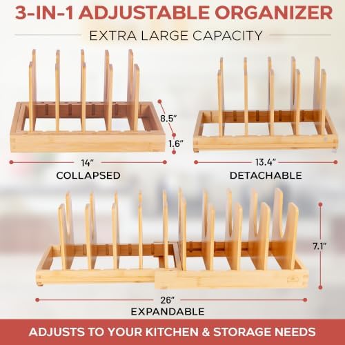 Pot and Pan Organizer for Under Cabinet – Bamboo Pot Lid Organizer for Cabinet with Magnetic Lock, Expandable 2-in-1, Adjustable Dividers, Non-Slip Base for Cutting Boards, Cookie Sheets, Bakeware - Image 2