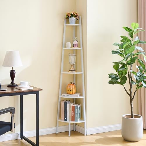 Hoctieon Corner Shelf, 5-Tier Corner Bookshelf, Rustic Ladder Shelf, Industrial Display Stand for Living Room, Kitchen, Home Office, Balcony, Small Space, Metal Frame, White - Image 6