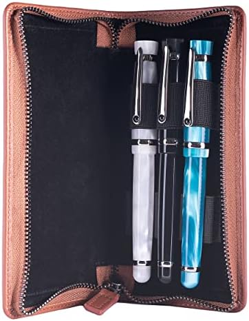 DiLoro Leather Zippered Triple or Quad Pen Case Pencil Pouch Holder for Three or Four Fountain Ballpoint Rollerball Pens or Glasses (Nappa Bugatti) - Image 4