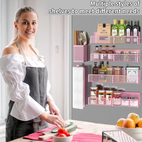 Magnetic Spice Rack for Refrigerator, 6 Pack Metal Magnetic Shelf Pink, Moveable Spice Organizer, Strong Magnetic Storage Fridge Organizer with Paper Towel Holder, Utensils Holder - Image 6