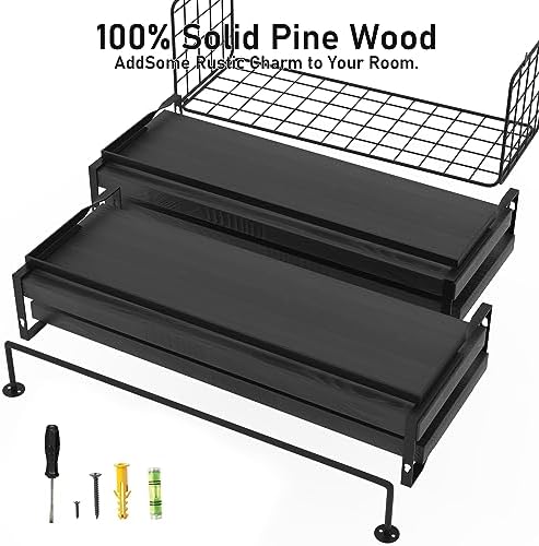 Black Wood Floating Shelves Wall Mounted - 3+1 Tier Rustic Bathroom Wall Shelves Over Toilet with Wire Storage Basket and Towel Bar, set of 4 Farmhouse Floating Shelf for Bathroom, Kitchen, Bedroom. - Image 6