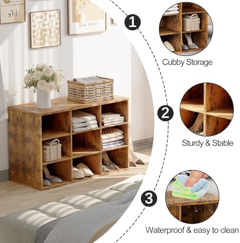 9-Cubby Shoe Rack, Wood Shoe Organizer Bench for Entryway Hallway Closet - Image 4