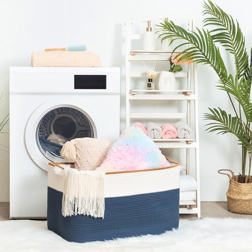 MINTWOOD Design 22in Extra Large Blanket Basket Holder Living Room, Rectangle Rope Woven Storage Basket with Handles for Laundry, Pool Towels, and Shoes, Dog Toy Organizer Bin Box, Prussian Blue - Image 5