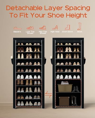CASAMAYA Shoe Rack with Covers, 10 Tiers Tall Shoe Rack Organizer, Large Capacity Shoe Shelf Storage, Hold 30 Pairs of Shoes, Vertical Shoe Storage Organizer for Closet, Entryway, Black, SRT103B01 - Image 4