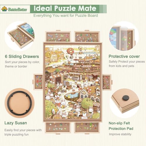 BuilderButler 1000 Pieces Rotating Puzzle Board with 6 Drawers,30.16"x22.44" Portable Wooden Jigsaw Puzzle Table with Lazy Susan Spinning Cover - Image 2