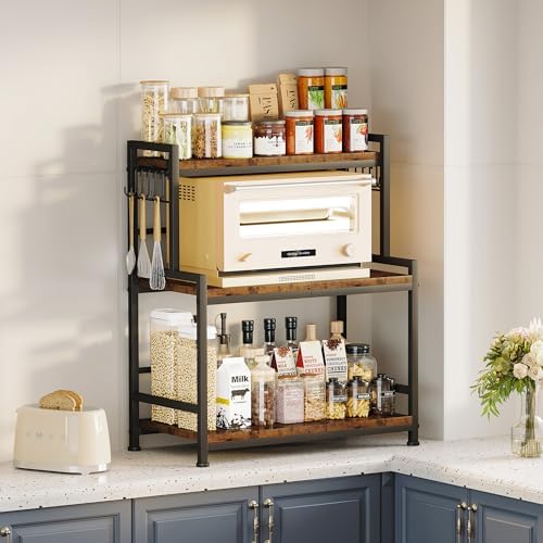 23.6"W Large Kitchen Countertop Organizer,3 Tier Spice Rack Organizer with Adjustable Shelf and 10 Hooks,Wooden Counter Organizer,Space Saving Countertop Shelf Microwave Stand for Kitchen,Coffee Bar - Image 3