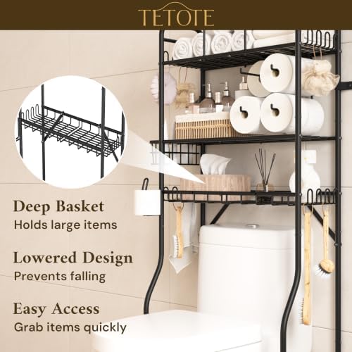 TETOTE Over The Toilet Storage Rack, 3-Tier Bathroom Organizer Shelf Over Toilet with Toilet Paper Roll Holder, Freestanding Metal Rack, Black - Image 6