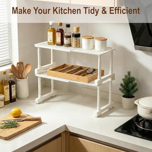 Expandable Cabinet Organizer Shelf, Adjustable Height Under Sink Storage Organizer, Shelf Riser for Kitchen, Bathroom, Wardrobe, Under Sink Counter(Beige) (2) - Image 3