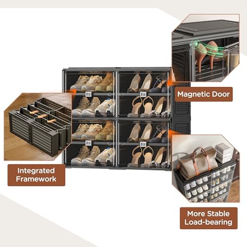 Vipbox Black Shoe Rack Organizer Cabinet for Closet Entryway,Clear Shoe Storage Boxes Stackable Sneaker Storage with Door Easy Assembly Shoe Cabinet with Lids Large 4 Tiers 16 Pairs - Image 5